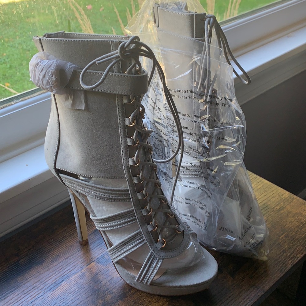 Mid calf gladiator platform peep toe bootie